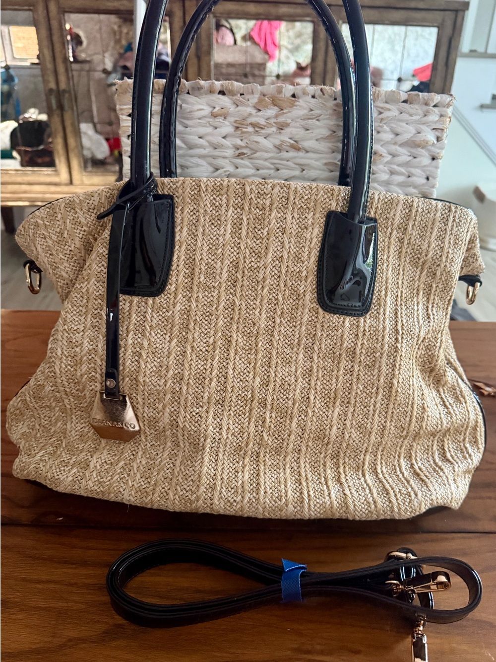 Woven Tote Bag with Black Patent Trim